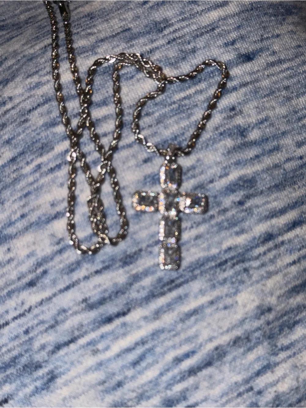 Men's Silver-Tone Cross Pendant Necklace with Clear Stones